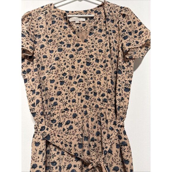 LOFT Maxi Women's Size LG Tan Blue Floral V Neck Spring With tie Belt & pockets - Picture 2 of 16